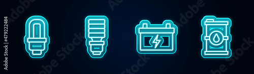 Set line LED light bulb, , Car battery and Bio fuel barrel. Glowing neon icon. Vector