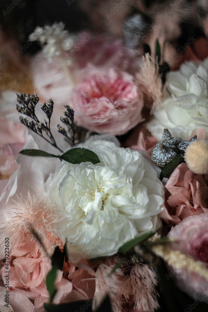 Beautiful bouquet of pink roses on a dark background, soft and romantic. Still life with a flowers. Still life with a bouquet. Beautiful bouquet of pink roses on a dark background, soft and romantic. Still life with a flowers. Still life with a bouquet.