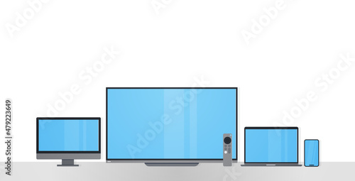 Smart technology devices on white background and responsive web design flat vector illustration.
