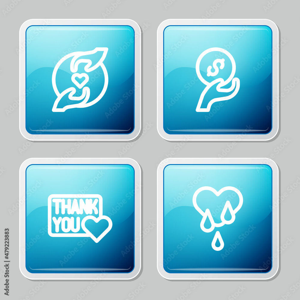 Set line Pleasant relationship, Donation and charity, Thank you with heart and Blood donation icon. Vector