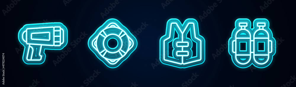 Set line Flashlight for diver, Lifebuoy, jacket and Aqualung. Glowing neon icon. Vector Set line Flashlight for diver, Lifebuoy, jacket and Aqualung. Glowing neon icon. Vector