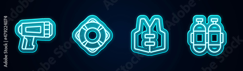 Set line Flashlight for diver, Lifebuoy, jacket and Aqualung. Glowing neon icon. Vector