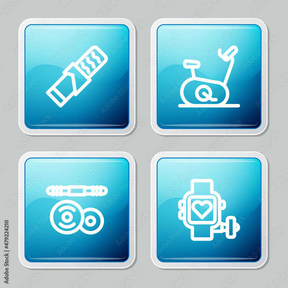 Set line Protein sport bar, Stationary bicycle, Barbell and Smart watch with heart icon. Vector Set line Protein sport bar, Stationary bicycle, Barbell and Smart watch with heart icon. Vector