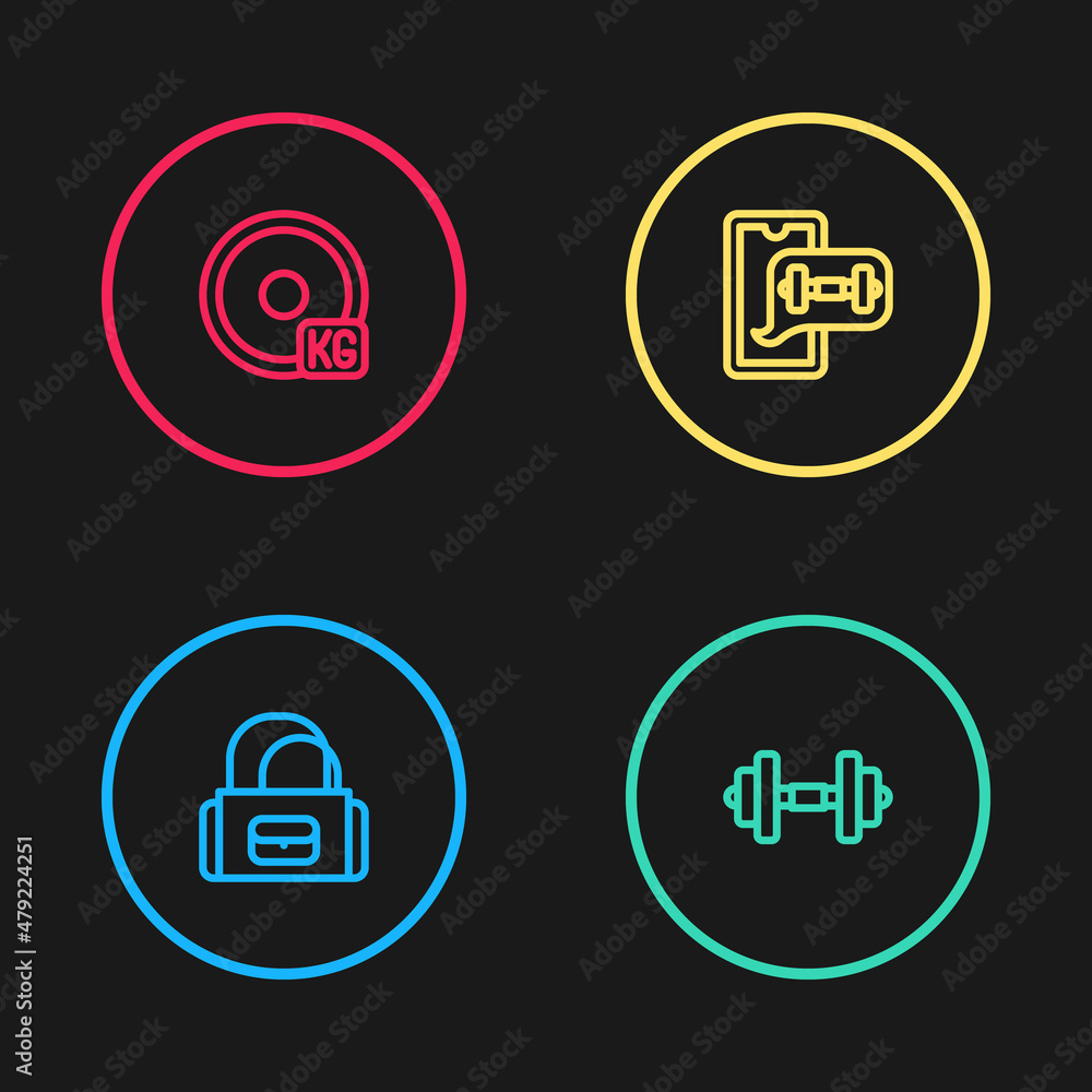 Set line Sport bag, Dumbbell, Fitness app and Weight plate icon. Vector Set line Sport bag, Dumbbell, Fitness app and Weight plate icon. Vector