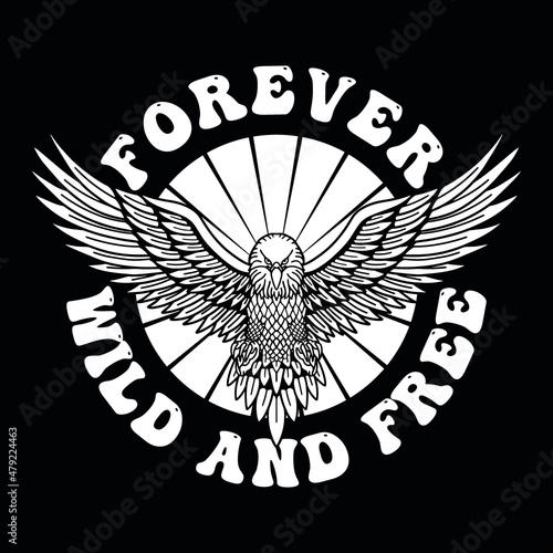 Black and White Eagle Illustration with Open Wings and Slogan Artwork on Black Background