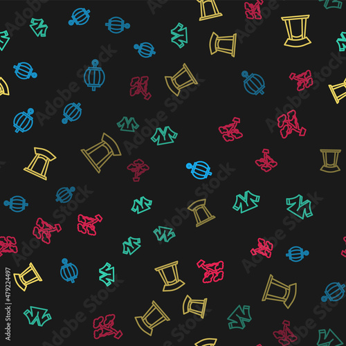 Set line Korean lantern, Kimono, gate and Bonsai tree on seamless pattern. Vector