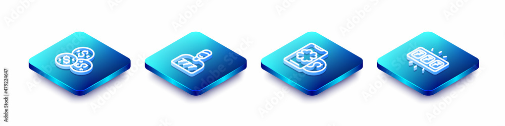 Set Isometric line Casino chip with dollar, Lucky player, Online poker table game and Slot machine jackpot icon. Vector Set Isometric line Casino chip with dollar, Lucky player, Online poker table game and Slot machine jackpot icon. Vector