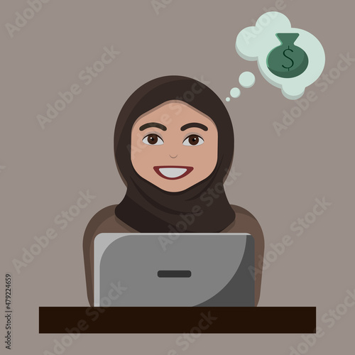 Muslim islam Woman wearing hijab Business Analytic Character with notebook earn money