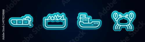 Set line Inflatable boat with motor, Sharp stone reefs, Cargo ship and Crab. Glowing neon icon. Vector