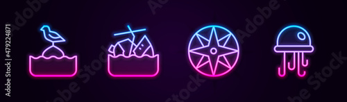 Set line Seagull sits on a buoy, Sinking cruise ship, Wind rose and Jellyfish. Glowing neon icon. Vector