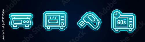Set line Electronic scales, Microwave oven, Electric mixer and . Glowing neon icon. Vector