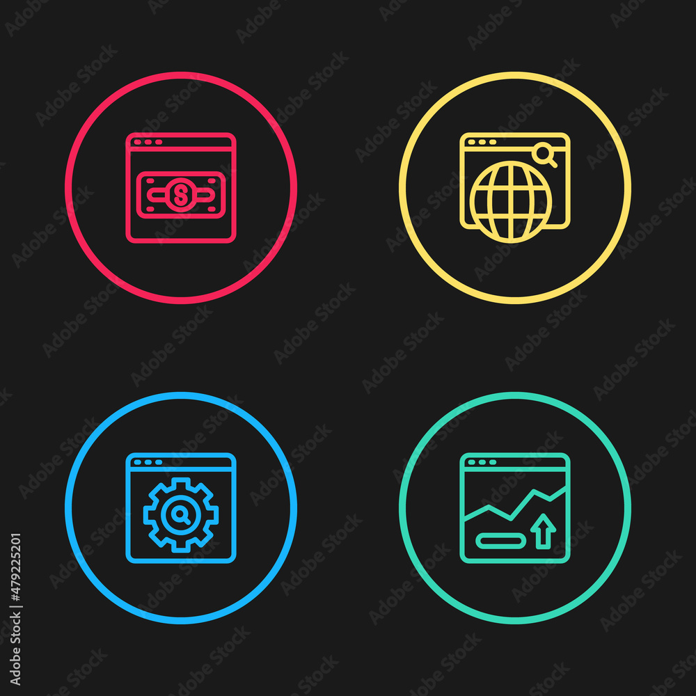 Set line Browser setting, Financial growth increase, Search engine and Online shopping on screen icon. Vector Set line Browser setting, Financial growth increase, Search engine and Online shopping on screen icon. Vector