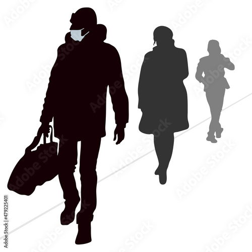 Vector silhouettes of passers-by. A man with a bag and a mask, a woman in a fur coat. A person walking away into the distance. 2 male and one female silhouette.