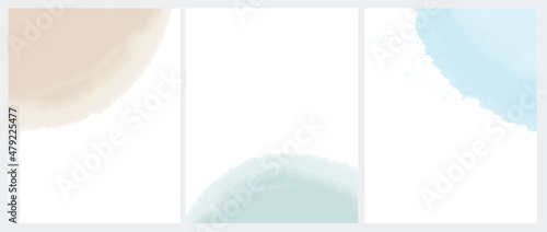 Set of 3 Delicate Abstract Watercolor Style Vector Layouts. Light Beige, Mint Green and Pastel Blue Paint Stains on a White Background. Pastel Color Stains and Splatter Print Set.