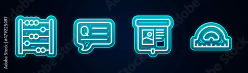 Set line Abacus, Speech bubbles with Question, Projection screen and Protractor grid. Glowing neon icon. Vector