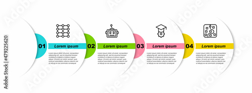 Set line Neural network, Artificial intelligence robot, Graduation cap and . Business infographic template. Vector
