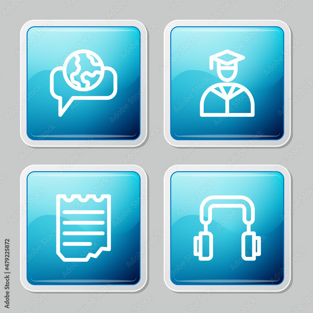 Set line Learning foreign languages, Graduate and graduation cap, Notebook and Headphones icon. Vector Set line Learning foreign languages, Graduate and graduation cap, Notebook and Headphones icon. Vector