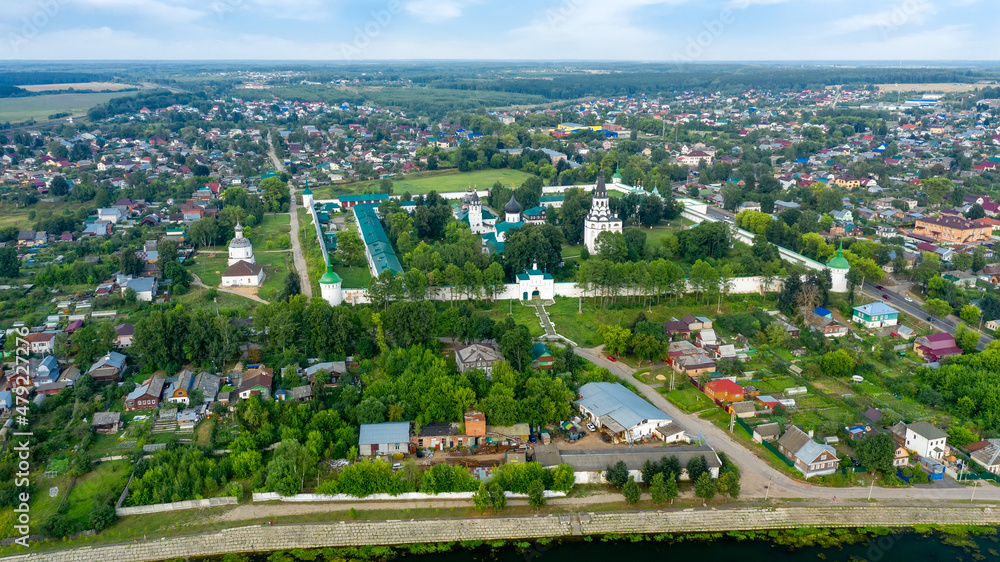 Top view of a scenic view from a drone on the city of Aleksandrov, one of the oldest cities in the Moscow region, Aleksandrovskaya Sloboda (Alexander Kremlin) - the residence of Tsar Ivan the Terrible