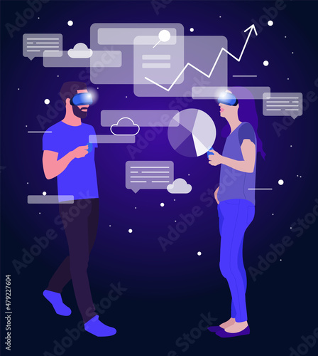 Woman and man in VR headset working with big data. Concept of virtual or augmented reality with graphics. Modern flat vector illustration.