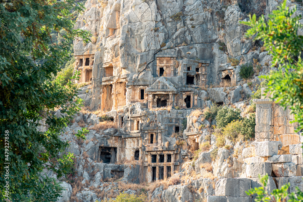 ancient stone-cut tombs in the ruins of Myra in Demre, Turkey