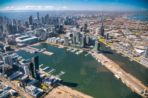 MELBOURNE, AUSTRALIA - SEPTEMBER 8, 2018: Aerial city skyline from helicopter. Downtown and Yarra river.