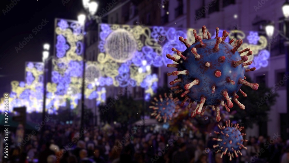 3D illustration omicron variant coronavirus floating over beauty christmas light