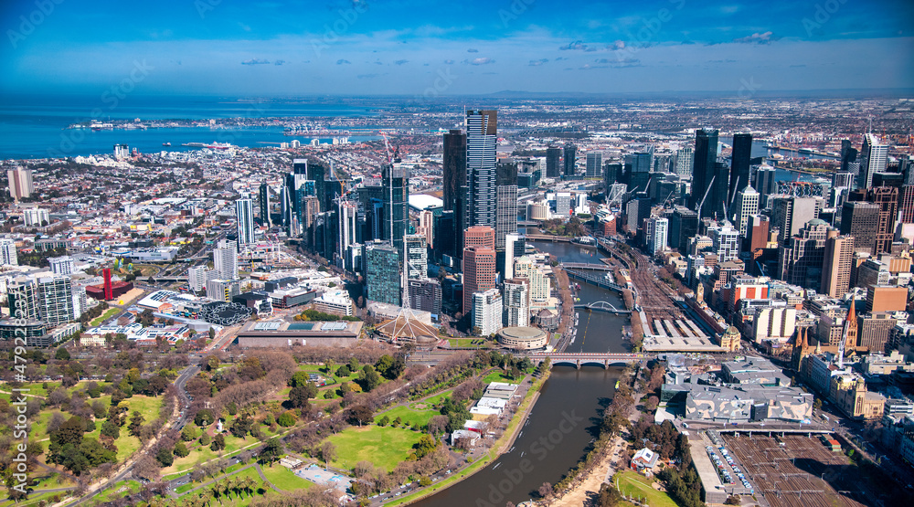 Melbourne panoramic skyline view from helicopter on a sunny day, Victoria - Australia.