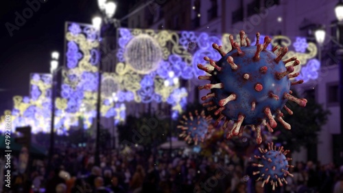3D illustration omicron variant coronavirus floating over beauty christmas light