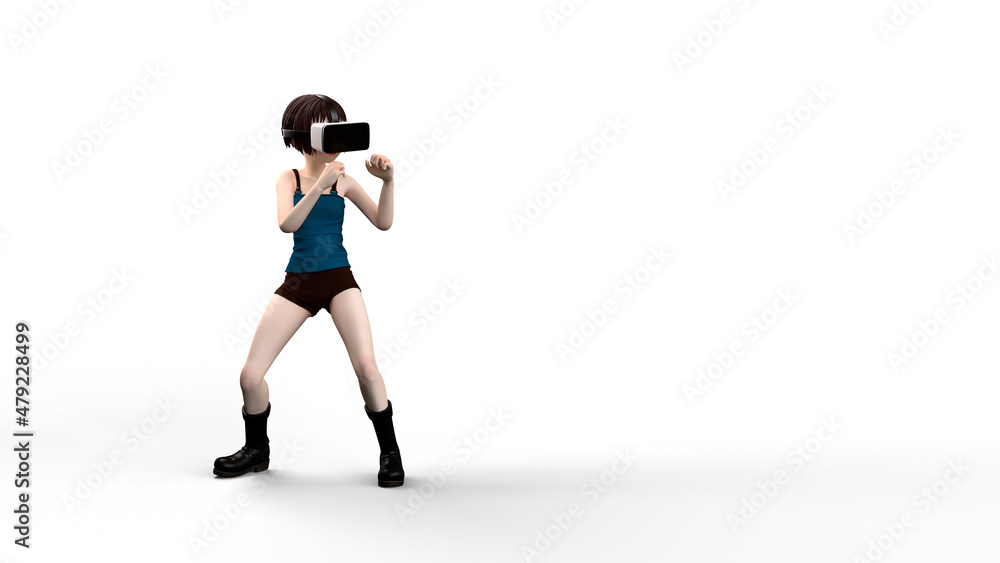 Girl boxing pose with virtual reality gadget.Game simulation futuristic conceptual with 3d rendering. Girl boxing pose with virtual reality gadget.Game simulation futuristic conceptual with 3d rendering.