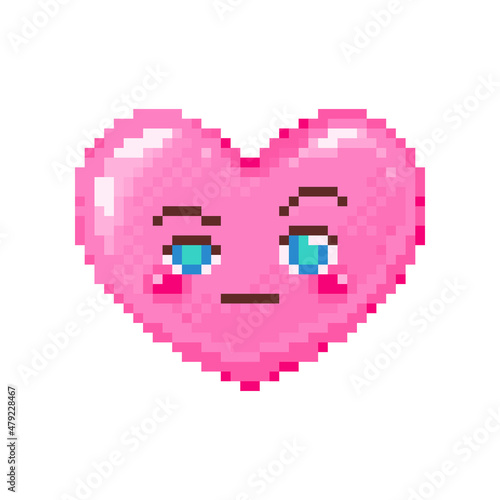 Pixel art raised eyebrow concern heart emoji. Vintage 8 bit pixel pink emoticon of suspicion disbelief face smile. Cute anime kawaii vector icon. Valentine Day romantic heart-shaped design.
