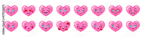 Pixel art heart emoji collection. Vintage 8 bit pixel pink emoticons. Vector face smile icon. Valentine Day romantic heart-shaped design.
 photo