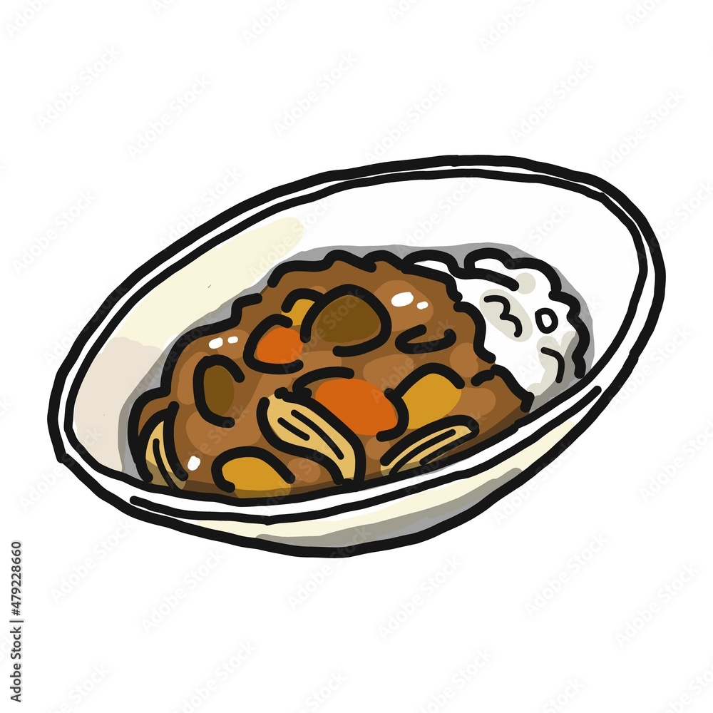 カレーライスのイラストです。ジャガイモ、肉、ニンジン、玉ねぎが入っています。 カレーライスのイラストです。ジャガイモ、肉、ニンジン、玉ねぎが入っています。