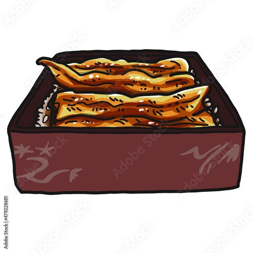 たっぷりタレがかかっている、鰻重のイラスト。夏バテ防止の食べ物で、土用の丑の日の定番食です。