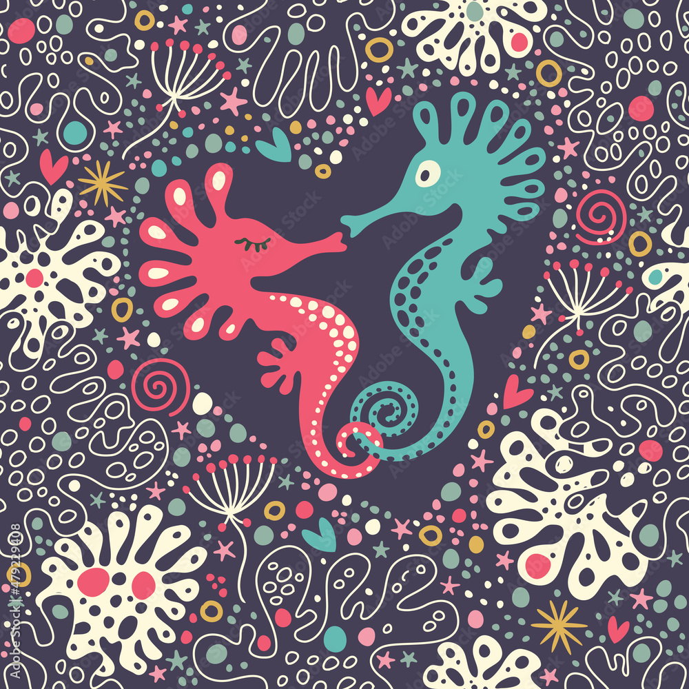 Romantic seahorse print. Seamless background.