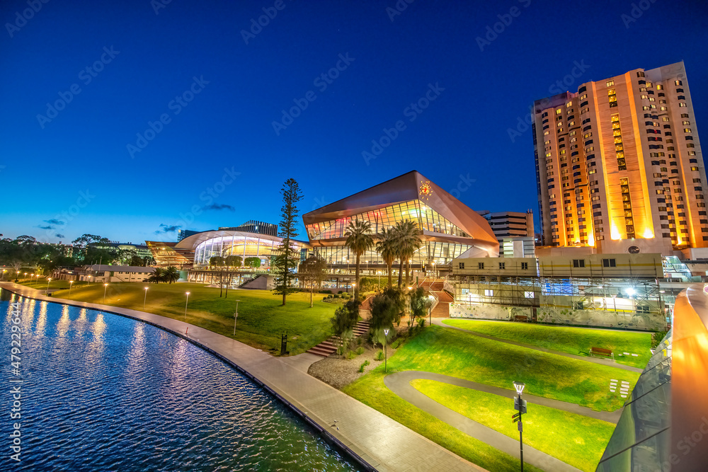 Adelaide Karrawirra Parri river and convention center area at night, South Australia.