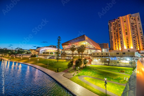 Adelaide Karrawirra Parri river and convention center area at night, South Australia.