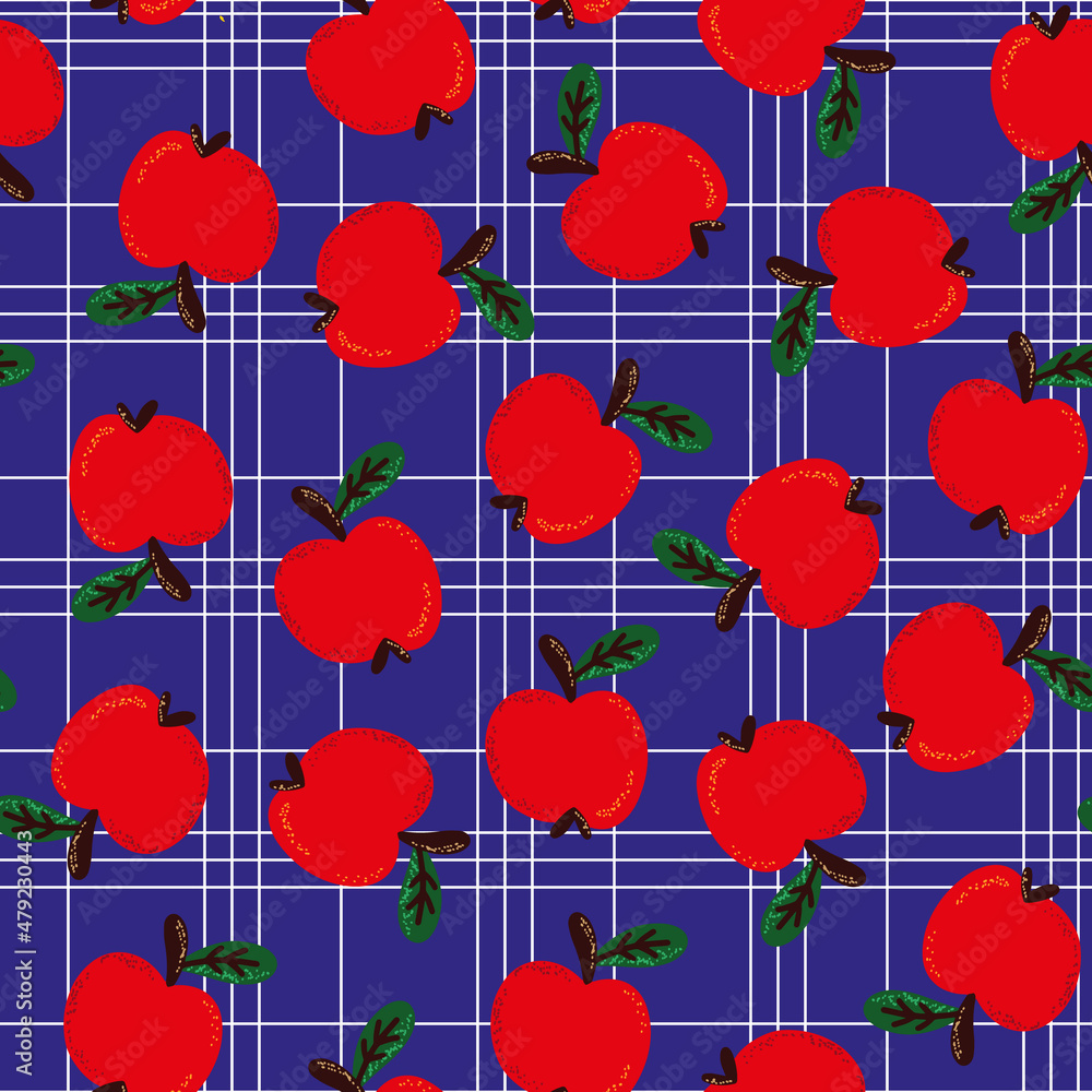 seamless pattern with red apples on a blue checkered background. Vector illustration