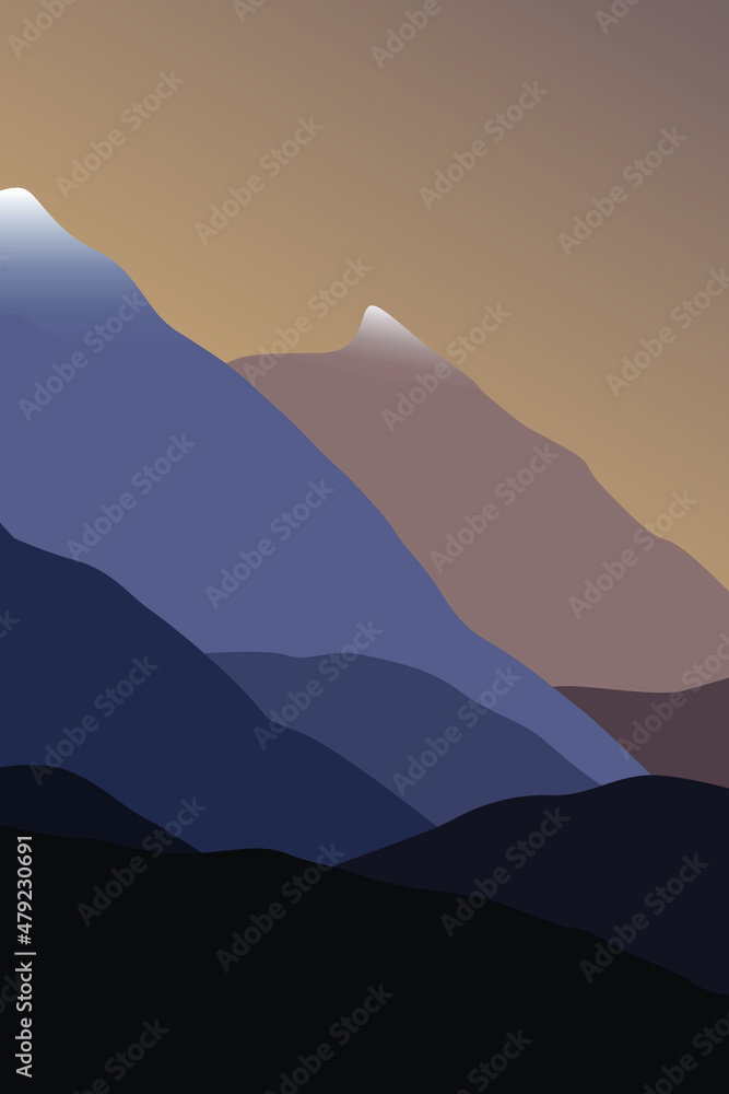 Beautiful mountains with snow-capped peaks. Vector flat illustration of mountains. Image in calm tones. Design for cards, posters, backgrounds, templates, textiles.