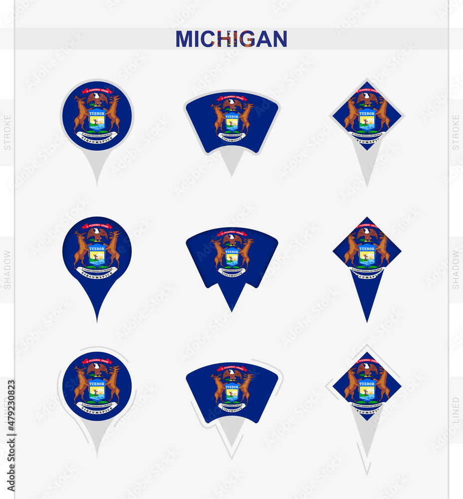 Michigan flag, set of location pin icons of Michigan flag. Michigan flag, set of location pin icons of Michigan flag.