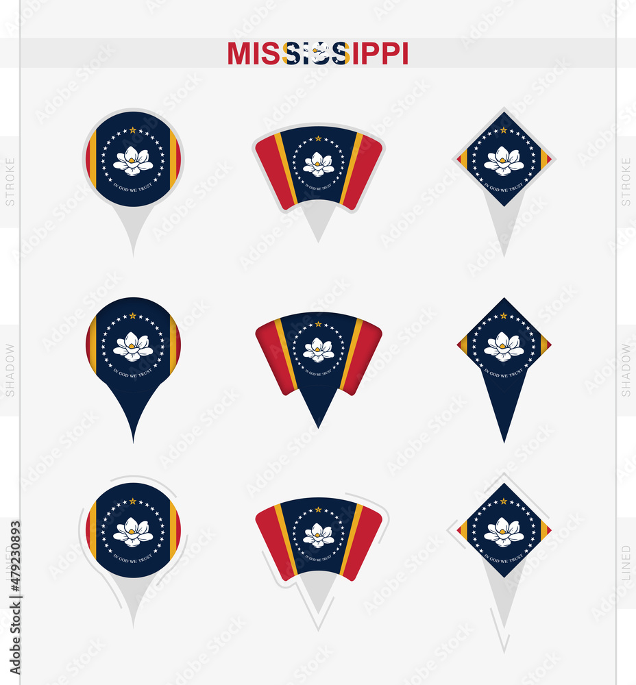 Naklejka premium Mississippi flag, set of location pin icons of Mississippi flag.
