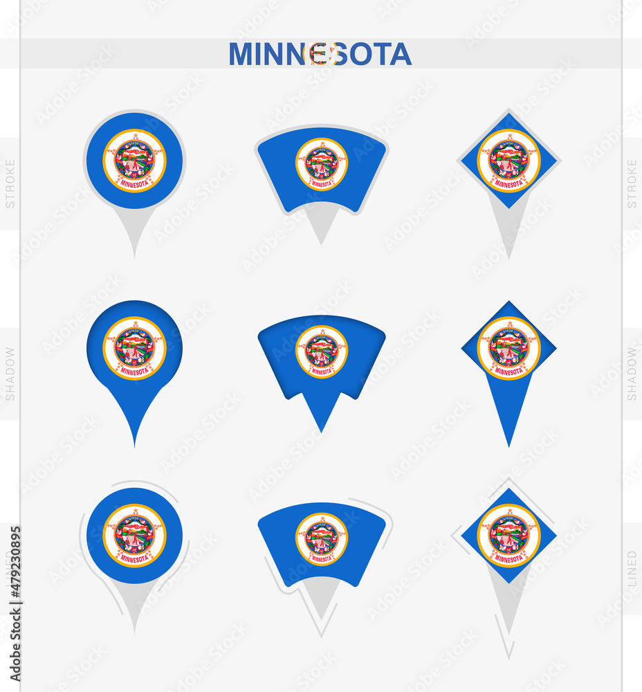 Minnesota flag, set of location pin icons of Minnesota flag. Minnesota flag, set of location pin icons of Minnesota flag.