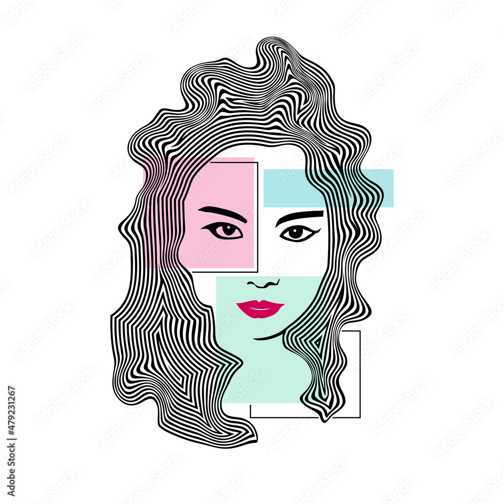 Abstract vector art of female face with long wavy line hair. Vector