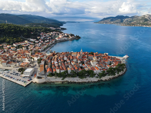 aerial view of the old town of Korcula in Croatia