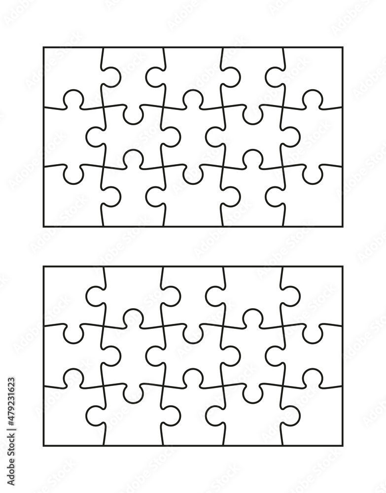 Puzzle pieces set. Jigsaw grid with 15 details. Simple background with mosaic shapes. Cutting template. Scheme for thinking game. Frame tiles. Vector illustration.