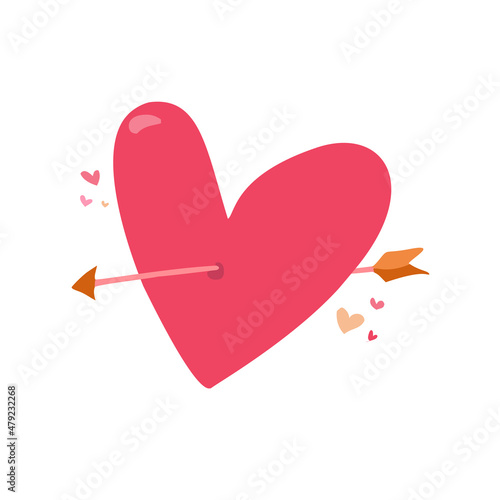 Vector pink  doodle heart with an arrow through it.   St. Valentine's Day, love, romance and Cupid concept.