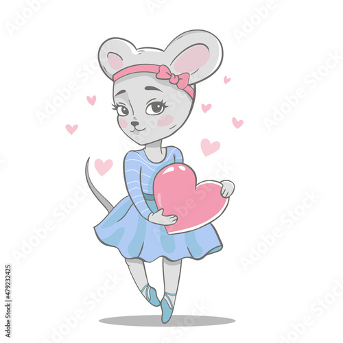 Hand drawn vector  illustration of cute  little ballerina mouse with heart in her hands. Pretty cartoon animal character.