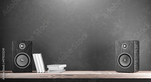 Free space in the center, between the columns, for your design. Professional wooden bookshelf speaker has a classic, elegant look. 3D rendering