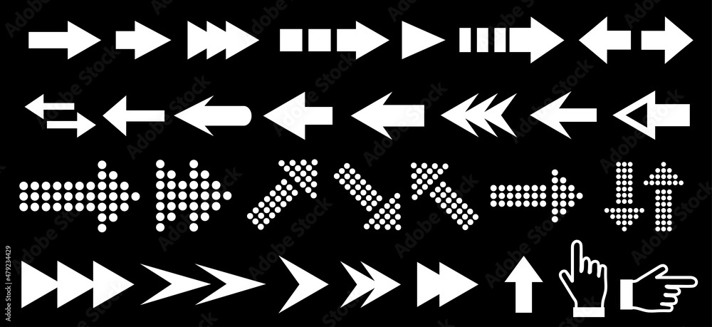 Vector set of arrow shapes isolated on black.Arrow icon. Arrow vector collection. Arrow. Cursor. Modern simple arrows. Vector illustration Vector set of arrow shapes isolated on black.Arrow icon. Arrow vector collection. Arrow. Cursor. Modern simple arrows. Vector illustration