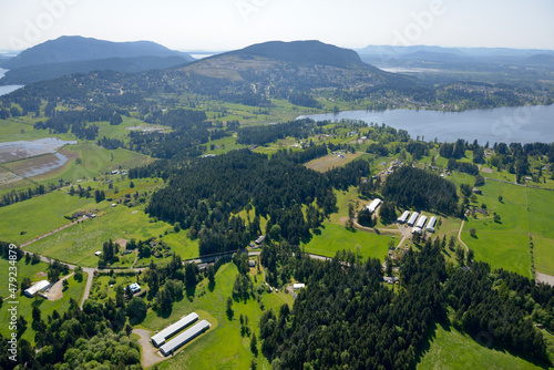 Aerial photo of farms on Quamichan Lake, Cowichan Valley, Vancouver Island, British Columbia, Canada. photo