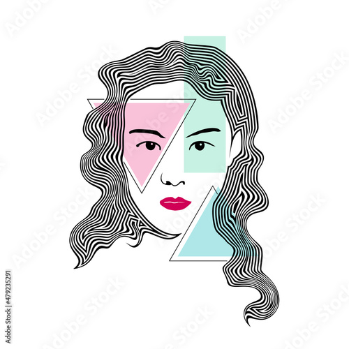 Beautiful girl face art and wavy line hair abstract. Vector illustration